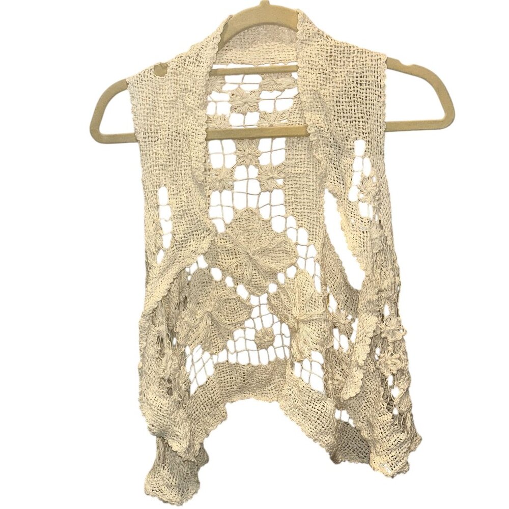 Hand Made Crochet cream white floral design cardigan sweater vest S